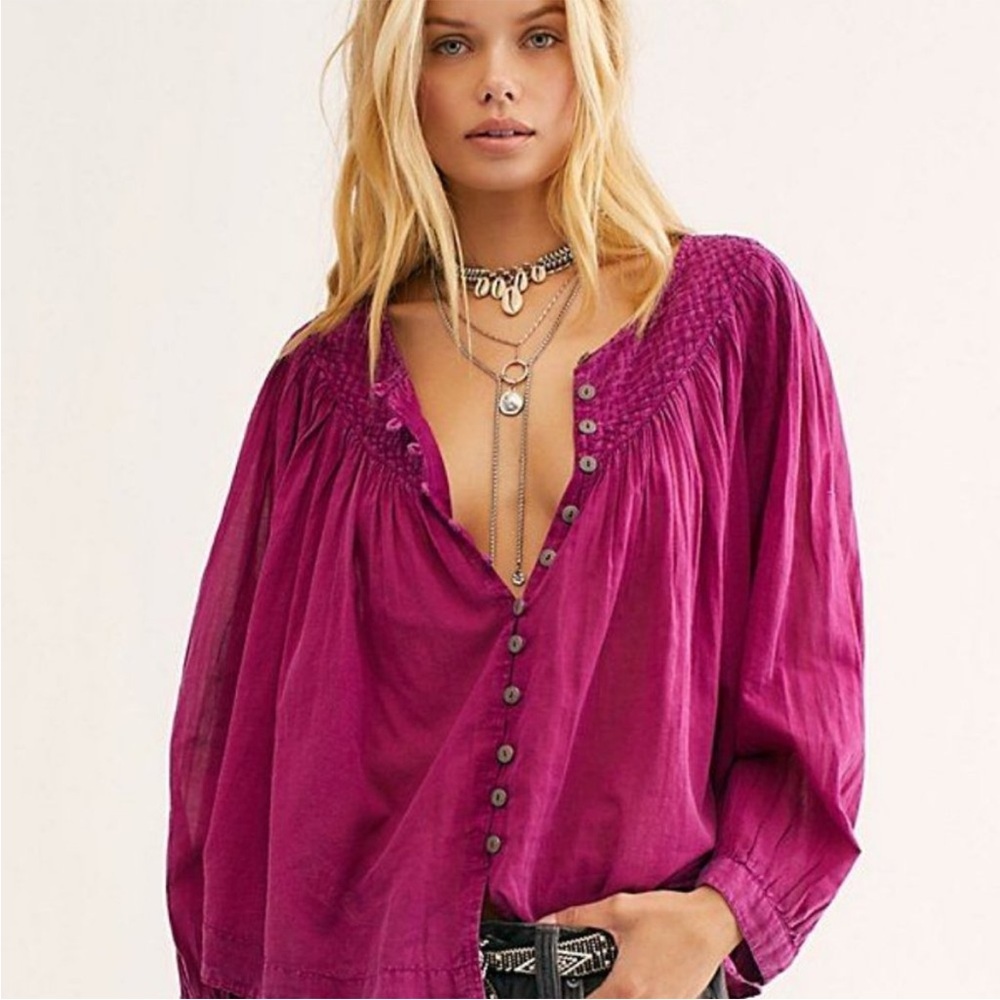 Free People, We The Free ‘Cool Meadow’ Peasant Blouse Top in Magenta sz Medium